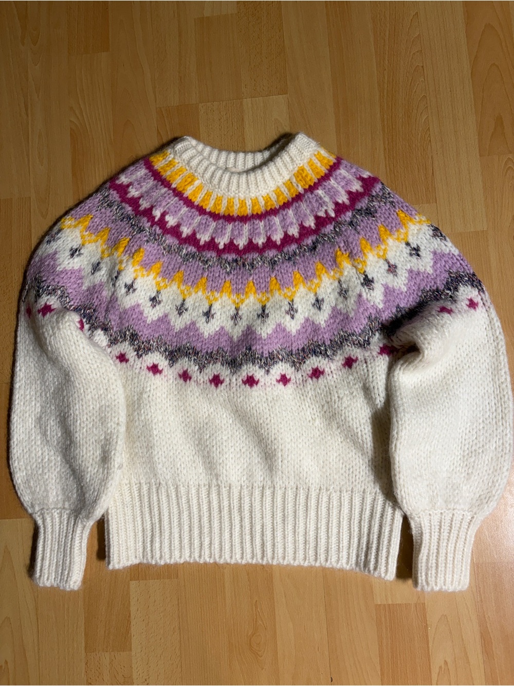 Sezane Constantine Mohair Fair Isle Crewneck Knit Sweater in Ecru Multicolor S - Picture 6 of 13